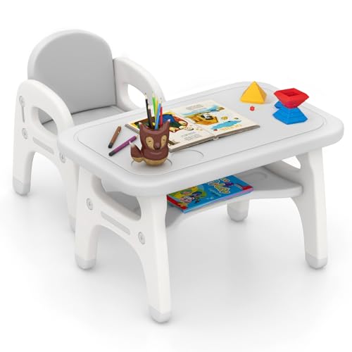DREAMADE Kindertisch mit Stuhl in Dinosaurierform, Kindersitzgruppe mit Bausteinen, Kindermöbel zum Lernen & Essen & Spielen, Kinder Tischset für Kinder 1-5 Jahre (Grau) von DREAMADE