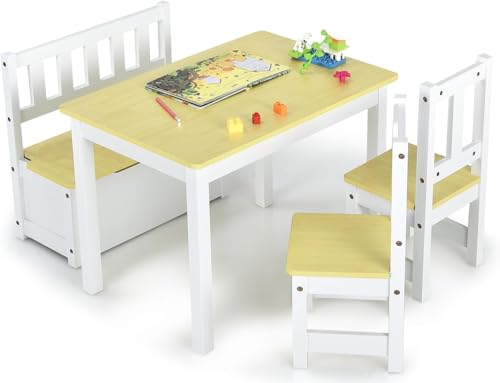 DREAMADE Kindertisch mit 2 Stühlen, Kindersitzgruppe mit 22L Strauraum, Kindertisch aus Holz, Kindertruhenbank Kindermöbelset Holzsitzgruppe für Kinderzimmer, Spielzimmer, Wohnzimmer (Natur) von DREAMADE