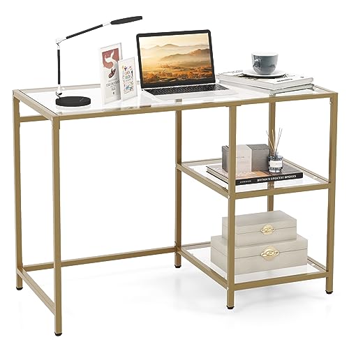 DREAMADE Konsolentisch aus Glas, Schreibtisch mit Regal, Flurtisch Schmal für Eingang & Wohnzimmer & Schlafzimmer, belastbar bis 50kg, Gold von DREAMADE