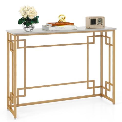 DREAMADE Konsolentisch mit Marmoroptik-Tischplatte, 110 cm moderner Flurtisch mit goldenem Metallgestell, Sofatisch mit verstellbaren Fußpads, für Wohnzimmer, Flur, Eingangsbereich von DREAMADE