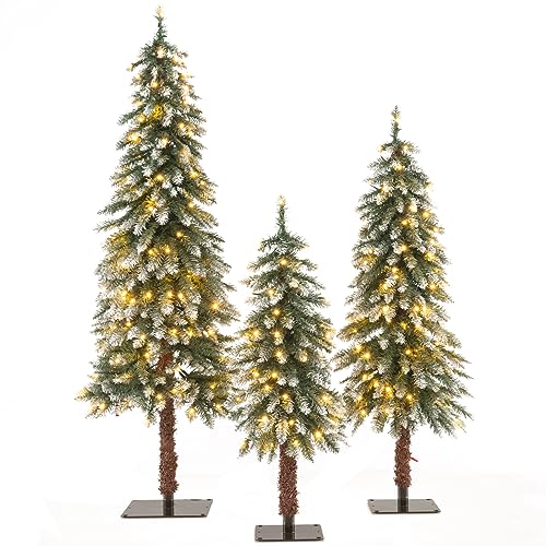 DREAMADE Künstliche Weihnachtsbäume Set, 90/120/150 cm Tannenbaum mit 50/100/150 LED-Lichtern, Kunstbaum Set für Weihnachtsdeko, Christbaum mit Schnee von DREAMADE