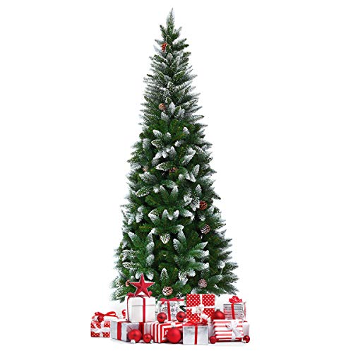 DREAMADE Künstlicher Weihnachtsbaum, Bleistifbaum mit Schnee, Christbaum mit 630 Spitzen&29 Kiefernzapfen, Tannenbaum mit Metallständer, ideal für Zuhause Geschäfte Einkaufszentren, grün (220cm) von DREAMADE