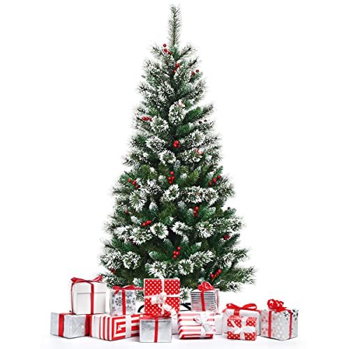 DREAMADE Künstlicher Weihnachtsbaum mit Schnee, 150cm Tannenbaum in Kiefernoptik mit roten Beeren, Christbaum mit Metallfuß, 100% neues PVC, Kunstbaum Weihnachten (150CM) von DREAMADE