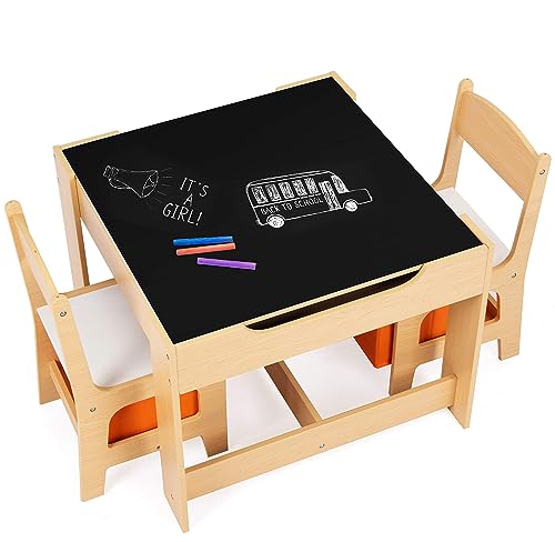 DREAMADE Multifunktionale Kindersitzgruppe, Kindertisch mit 2 Stühle & 2 Aufbewahrungsboxen für zusätzlichen Stauraum, abnehmbare Tischplatte mit Tafel für Malen, 3-teiliges Set Kindermöbel (Natur) von DREAMADE