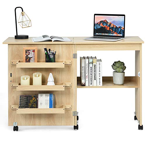 DREAMADE Nähtisch Nähmaschinenschrank Faltbar, Nähschrank Nähmöbel, Mehrzwecktisch mit 4 Rollen (Holzfarbe) von DREAMADE