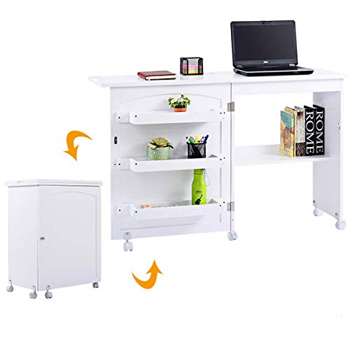 DREAMADE Nähtisch Nähmaschinenschrank Faltbar, Nähschrank Nähmöbel, Mehrzwecktisch mit 4 Rollen (Weiß) von DREAMADE