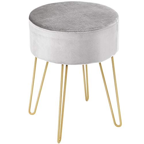 DREAMADE Samthocker Sitzhocker rund, Schminkhocker mit stabilen goldenen Metallfüßen, Fußhocker Samtstuhl Gepolsterter Hocker für Wohnzimmer & Schlafzimmer (Hellgrau) von DREAMADE