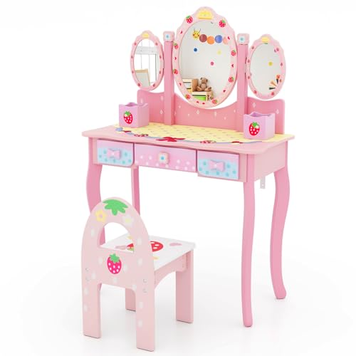 DREAMADE Schminktisch Kinder mit Hocker & Zubehör, Prinzessin Frisiertisch mit klappbarem Spiegel & 3 Schubladen, Frisierkommode Kinderschminktisch für Kinder Mädchen (Rosa) von DREAMADE