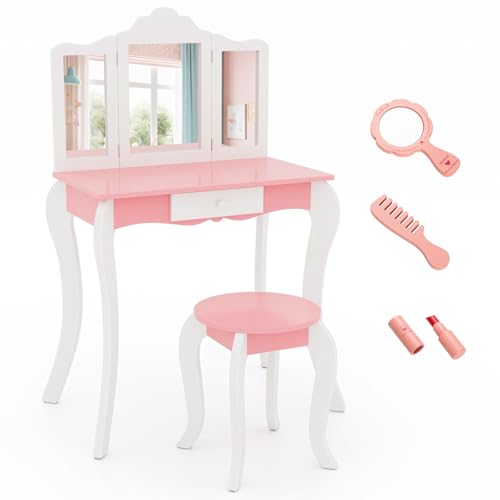 DREAMADE Schminktisch Kinder mit Hocker und 3 TLG. Spielzubehör, Prinzessin Frisiertisch mit Schublade & abnehmbarem Spiegel, Kosmetiktisch, Kinderschminktisch aus Holz für Mädchen ab 3 Jahren von DREAMADE