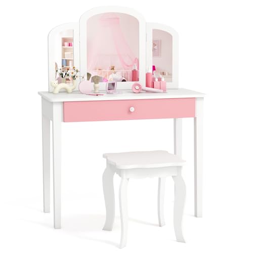DREAMADE Schminktisch Kinder mit Hocker und abnehmbarem Spiegel,Prinzessin Frisiertisch, Frisierkommode, Kosmetiktisch, Kinderschminktisch mit Kiefernholz-Beine für Kinder Mädchen (Weiß) von DREAMADE