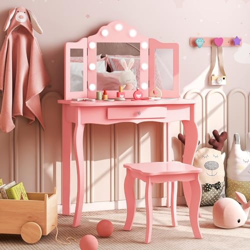 DREAMADE Schminktisch Kinder mit LED-Beleuchtung & Abnehmbarer Spiegel, Prinzessin Frisiertisch mit Schublade und Hocker, Kinderschminktisch mit Hocker für Kinder Mädchen (Rosa-mit Beleuchtung) von DREAMADE