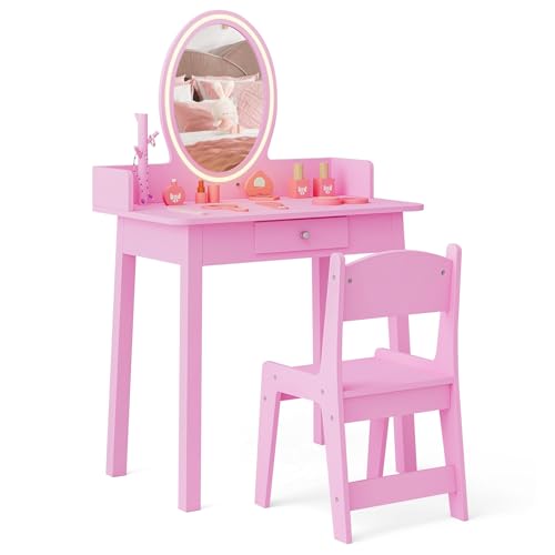 DREAMADE Schminktisch Kinder mit LED-Spiegel & Kiefernholzbeine, Prinzessin Frisiertisch mit Schublade & Schmuckständer, Kinderschminktisch mit Hocker für Kinder Mädchen (Rosa) von DREAMADE