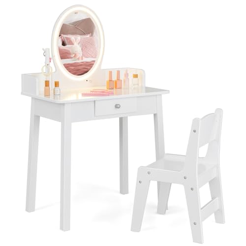 DREAMADE Schminktisch Kinder mit LED-Spiegel & Kiefernholzbeine, Prinzessin Frisiertisch mit Schublade & Schmuckständer, Kinderschminktisch mit Hocker für Kinder Mädchen (Weiß) von DREAMADE