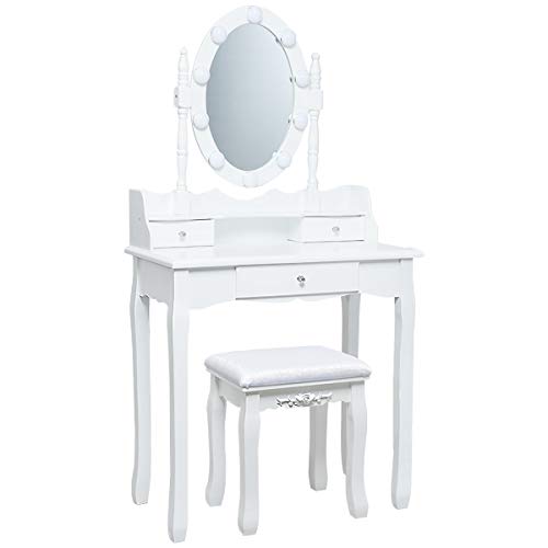 DREAMADE Schminktisch Set mit mit LED Beleuchtung, Kosmetiktisch mit Hocker und runder Spiegel, Frisierkommode Frisiertisch mit 3 Schubladen, Massivholz, 75 x 40 x 145 cm, schwarz (Weiß) von DREAMADE