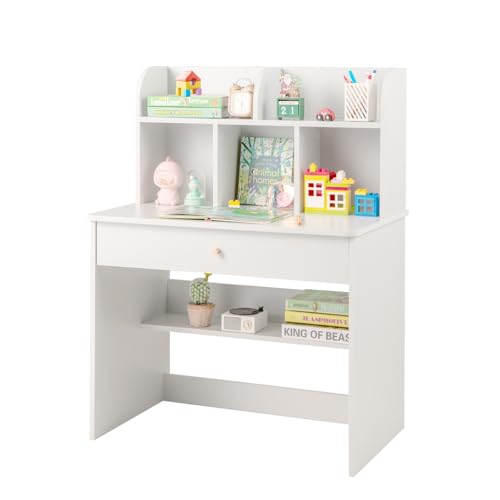 DREAMADE Schreibtisch Kinder aus Holz, Jugendschreibtisch mit Schublade & offener Ablagefächer & Regal, Schülerschreibtisch Kinderschreibtisch für Kinder ab 3 Jahren (Weiß) von DREAMADE