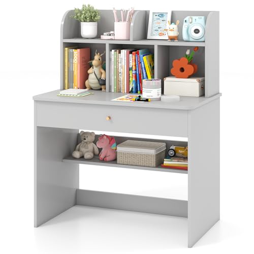 DREAMADE Schreibtisch Kinder mit Schublade & offener Ablagefächer & Regal, Jugendschreibtisch Schülerschreibtisch aus Holz, Kinderschreibtisch für Kinder ab 3 Jahre (Grau) von DREAMADE