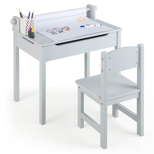 DREAMADE Schreibtisch Kinder mit Stuhl, Schülerschreibtisch aus Holz, Jugendschreibtisch, Kindertisch, Kinderschreibtisch mit Papierrollenhalter & Stauraum, Papierrolle und Markern inkl. (Grau) von DREAMADE