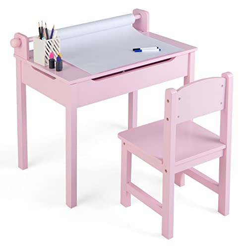 DREAMADE Schreibtisch Kinder mit Stuhl, Schülerschreibtisch aus Holz, Jugendschreibtisch, Kindertisch, Kinderschreibtisch mit Papierrollenhalter & Stauraum, Papierrolle und Markern inkl. (Rosa) von DREAMADE