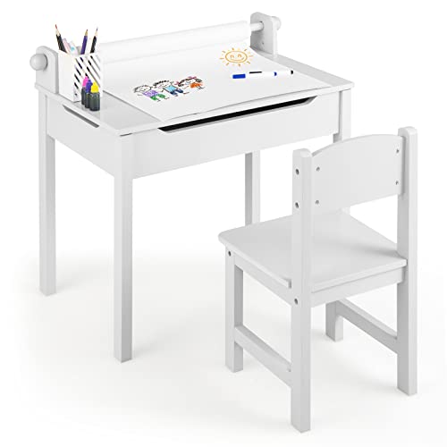 DREAMADE Schreibtisch Kinder mit Stuhl, Schülerschreibtisch aus Holz, Jugendschreibtisch, Kindertisch, Kinderschreibtisch mit Papierrollenhalter & Stauraum, Papierrolle und Markern inkl. (Weiß) von DREAMADE