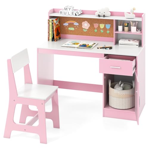 DREAMADE Schreibtisch Kinder mit Stuhl, Schülerschreibtisch aus Holz mit Schublade & offener Ablagefächer & Regal & Pinnwand, Jugendschreibtisch Schreibtischsets für Kinder ab 3 Jahren (Rosa) von DREAMADE