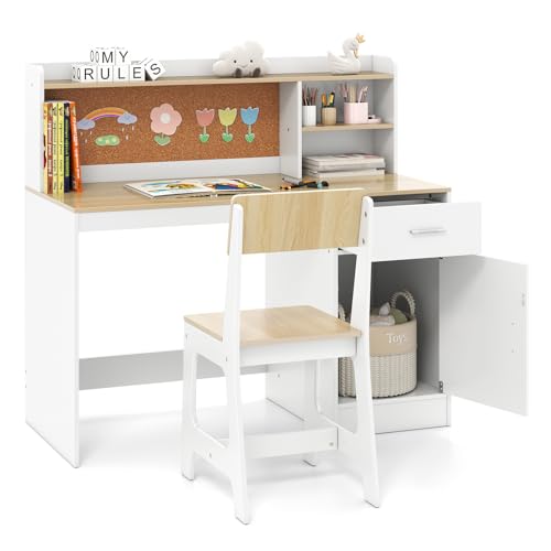 DREAMADE Schreibtisch Kinder mit Stuhl, Schülerschreibtisch aus Holz mit Schublade & offener Ablagefächer & Regal & Pinnwand, Jugendschreibtisch Schreibtischsets für Kinder ab 3 Jahren (Natur) von DREAMADE