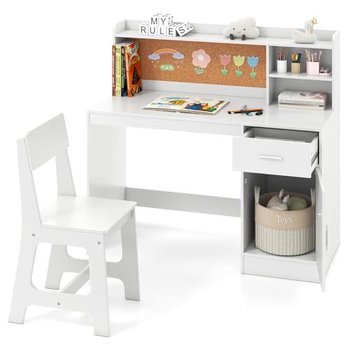 DREAMADE Schreibtisch Kinder mit Stuhl, Schülerschreibtisch aus Holz mit Schublade & offener Ablagefächer & Regal & Pinnwand, Jugendschreibtisch Schreibtischsets für Kinder ab 3 Jahren (Weiß) von DREAMADE