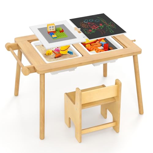DREAMADE Sensorischer Kindertisch mit Stuhl, Höhenverstellbare Kindersitzgruppe mit doppelter Tafelplatte, 2 faltbaren Behältern für Wasser-/Sandspiele, 2 Bausteinplatten für Kinder ab 2 Jahren von DREAMADE