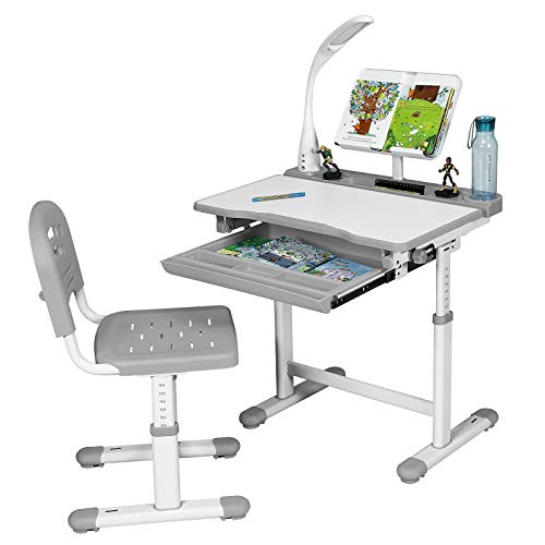 DREAMADE höhenverstellbarer Kinderschreibtisch mit Lampe & Bücherständer, Schülerschreibtisch Jugendschreibtisch neigungsverstellbar, Schreibtisch Set für Kinder mit Stuhl und Schublade (Grau) von DREAMADE