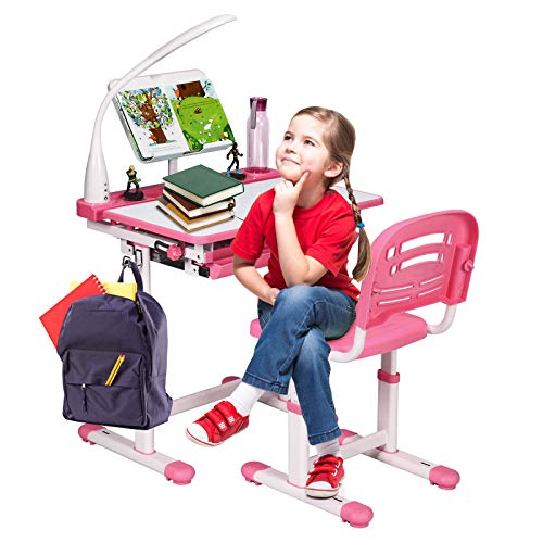 DREAMADE höhenverstellbarer Kinderschreibtisch mit Lampe & Bücherständer, Schülerschreibtisch Jugendschreibtisch neigungsverstellbar, Schreibtisch Set für Kinder mit Stuhl und Schublade (Pink) von DREAMADE