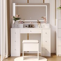 Schminktisch mit Hocker und LED-Spiegel mit 3 Farben – Schminktisch mit Schubladen – 110 x 40 x 150 cm – MDF – Weiß Schminktisch mit Hocker und LED-Spiegel mit 3 Farben – Schminktisch mit Schubladen – 110 x 40 x 150 cm – MDF – Weiß von DREAMMESPACE