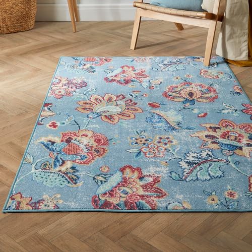 Dreams & Drapes - Blauer Damast-Teppich (120 x 180 cm) – Traditioneller botanischer Blumenteppich in Blau – Jacobean Teppich Muster – waschbarer Teppich – Rutschfester Teppich für Wohnzimmer & von DREAMS AND DRAPES