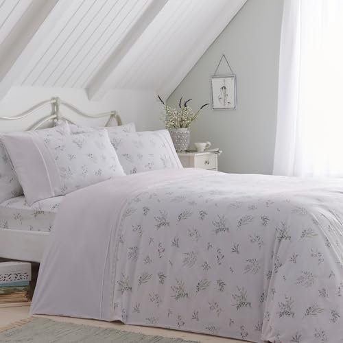 Dreams & Drapes Bettbezug mit Lavendel-Blumenmuster, Doppelgröße (200 x 200 cm), Klassische Rüschen mit Spitze/Rüschen, Botanischer Druck, Weiß und Flieder, Vintage-Stil von DREAMS AND DRAPES