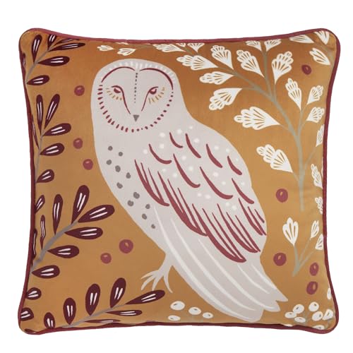 Dreams & Drapes - Rotmalve Waldeule Kissen (43 x 43 cm) – Füllung inklusive – wendbares Design (2 Farben) – Paspelrand – Kissen in Rot/Ocker mit Bezug inklusive/Kisseneinlage von DREAMS AND DRAPES