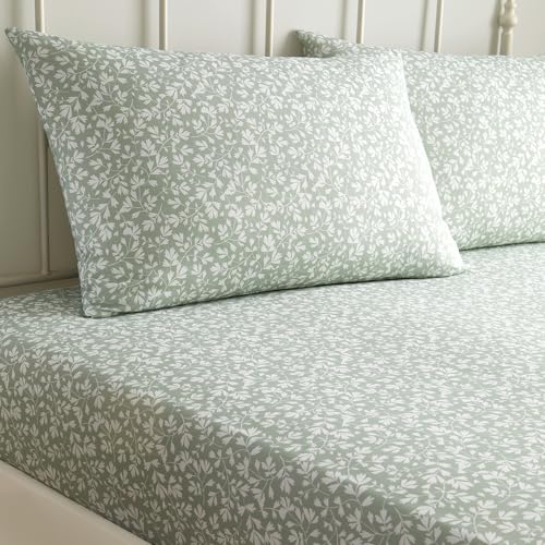 Dreams & Drapes Spannbettlaken mit Blumenmuster (200 x 150 x 28 cm), luxuriöses Baumwollmischgewebe, passender Bettbezug erhältlich, grünes Bettlaken mit Blatt, Kingsize-Bett von DREAMS AND DRAPES
