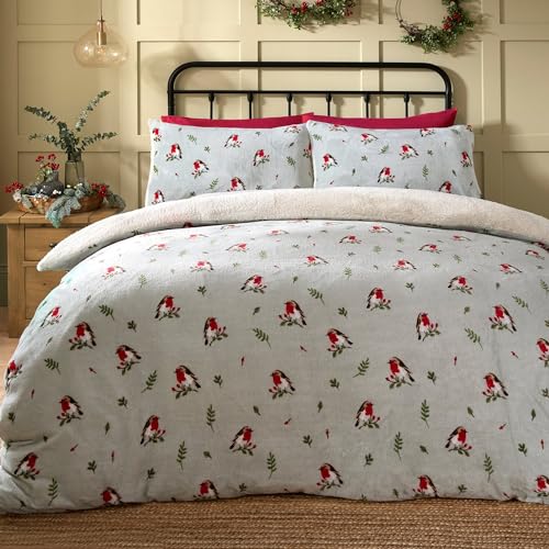Dreams & Drapes - Vintage-Fleece-Bettbezug mit Rotkehlchen-Motiv, für Einzelbett (140 x 200 cm), wendbar (2 Designs), weicher Teddy-Fleece-Bettbezug in Enteneiblau – Weihnachtsbettwäsche von DREAMS AND DRAPES