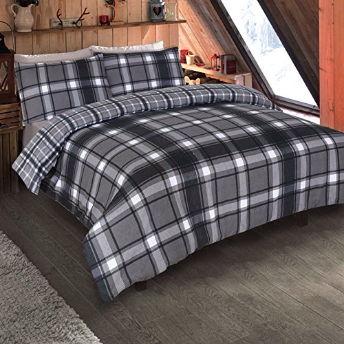 DREAMSCENE Bett Bezug mit Kissenbezug Tartan Karo Gebürstete Baumwolle Bettwäsche Set Aspen - Grau Weiß Schwarz Gescheckt, Double von DREAMSCENE