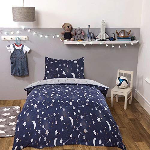 DREAMSCENE Bettbezug mit Kissenbezug - Bettwäsche-Set mit Galaxie-Sternen- und Mond-Print, Wendbar, Marineblau Grau - Junior/Babybett-Größe von DREAMSCENE