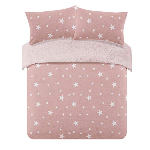 DREAMSCENE Bettwäsche-Set mit Sternmuster, Teddy-Fleece, 100 Prozent Bären-Polyester, Rosa/Weiß, Einzelbett von DREAMSCENE