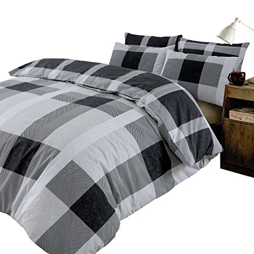 DREAMSCENE Bettwäsche-Set mit breitem Karomuster Doppelbett Polycotton Polyester 50 Prozent Baumwolle Schwarz Grau Silber WICHKBK02 von DREAMSCENE