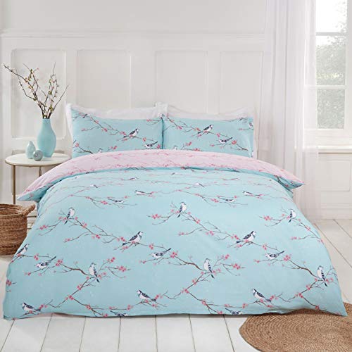 DREAMSCENE Blossom Bird Wende-Bettwäsche-Set, Blumenmuster, Bettbezug mit Kissenbezug, Entenei-Blush – Superkingsize-Bett von DREAMSCENE