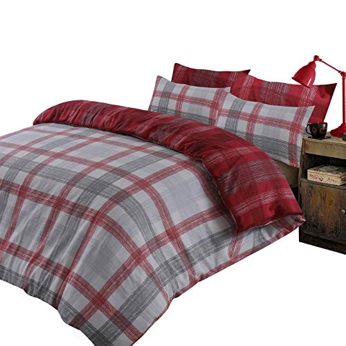 DREAMSCENE Boston 100 Prozent Gebürstete Baumwolle Bettbezug mit Kissenbezug Flanell Thermo Schottenkaro Bettwäsche Set - Rot Grau Silber, Double, Full, BOSTRE12 von DREAMSCENE