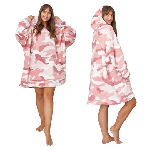 DREAMSCENE Camo Übergroßer Decken-Hoodie, tragbares Sherpa-Fleece-Sweatshirt, süße Geschenke, weicher, warmer, bequemer Decken-Hoodie, riesige Jacke für Frauen, dicke Flanelldecke mit Ärmeln Rosa von DREAMSCENE