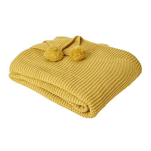 DREAMSCENE Chunky Knit Werfen Große gestrickte Starke warme Pom Pom Sofa Bett Decke - Senf-Gelb-Ocker, 150 x 180cm von DREAMSCENE