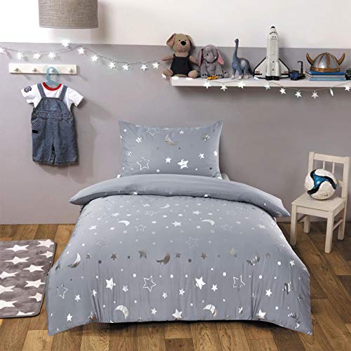 DREAMSCENE Galaxy Bettbezug-Set, 100 Prozent weiches Polyester, mit Foliendruck-Finish, Silbergrau, Einzelbett von DREAMSCENE