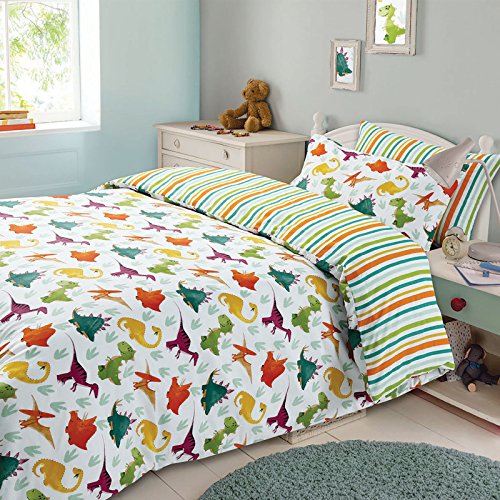 DREAMSCENE Bettbezug, Kissenbezug, Bettwäsche-Set für Jungen und Mädchen, Dinosaurier, wendbar, gestreift – Doppelbett von DREAMSCENE