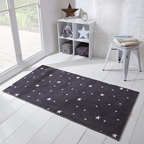 DREAMSCENE Rutschfester Teppich mit Sternen-Aufdruck, Kinderteppich, Polyester, fusselfrei, 60 x 120 cm, Anthrazit von DREAMSCENE