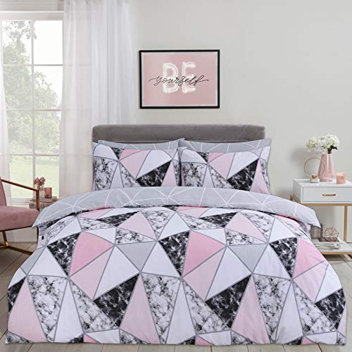 DREAMSCENE Wende-Bettwäsche-Set, pflegeleicht, Geo-Steppdecke, Farbe: Blush Pink Silber Grau Marmor Geometrisch, Superkingsize-Bett von DREAMSCENE