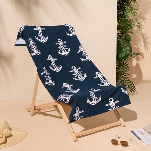 Dreamscene Badetücher für Erwachsene, Marineblau, Anker-Druck, Strandtuch, Mikrofaser, superweich, schnell trocknend, Strandurlaub, Reisehandtücher für den Sommer, 71 cm x 152 cm von DREAMSCENE