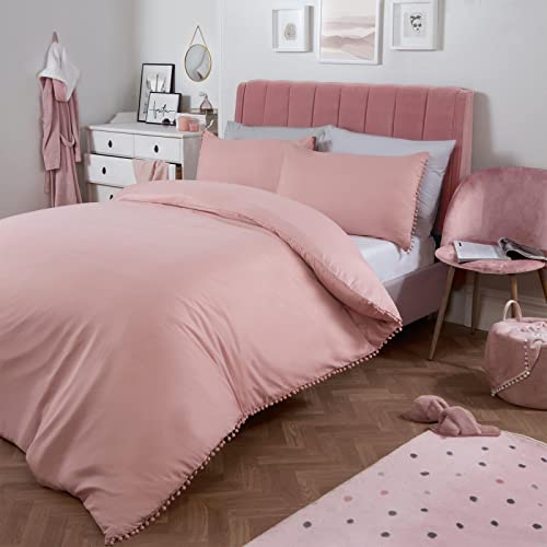 Dreamscene Bettwäsche-Set mit Bommelbordüre, luxuriöser Bettbezug mit Kissenbezug, Steppdecke, einfarbig, pflegeleicht, für Super-King-Size-Bett von DREAMSCENE