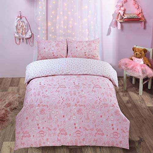 Dreamscene Einhorn-Schloss-Bettbezug mit Kissenbezug, wendbar, kleine Prinzessin, Regenbogen, Kinder-Bettwäsche-Set, Blush Pink Weiß, Junior/Kinderbett, DDHSPRNBL00 von DREAMSCENE